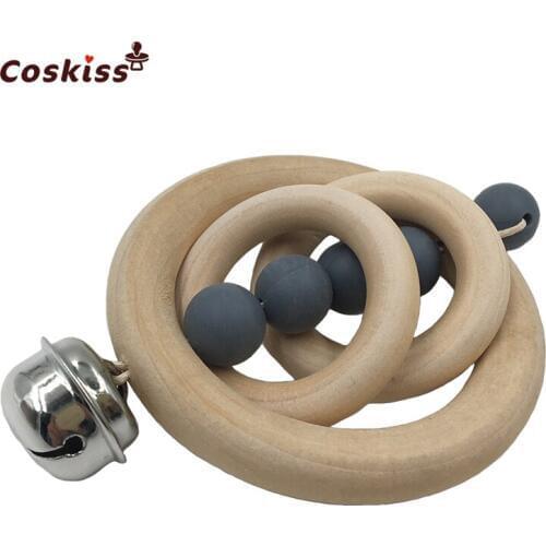 Baby Molar Toys Teether Natural Green Wood Ring Bell Montessori Toys Food Grade Silicon Beads Teether