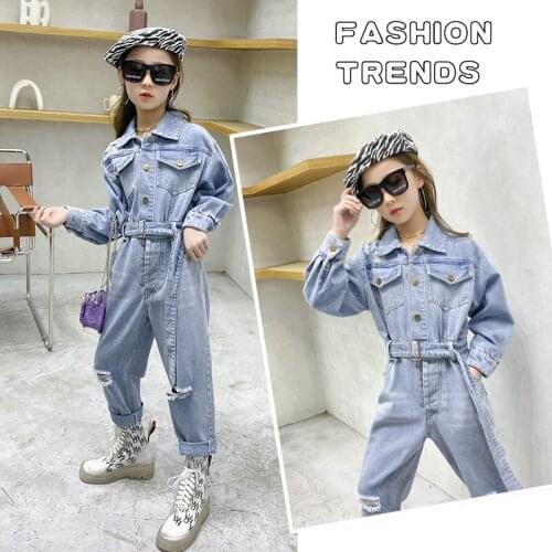 Denim Jumpsuit Girls Middle School Children 2021 Spring New High Waist Loose Straight Holed Overalls