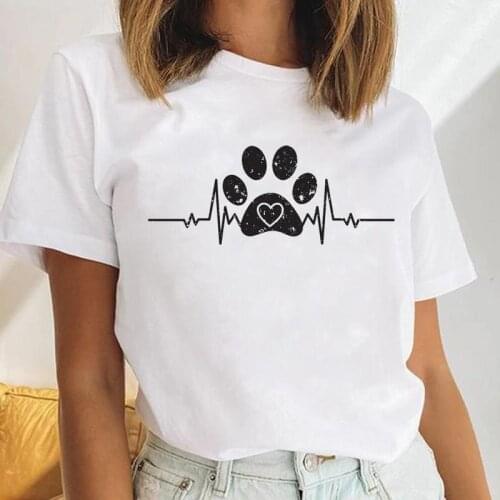 Women Dog Paw Heartbeat Cute Love Dog Animal Female Short Sleeve Cartoon Clothes Tops Print Ladies Tees Tshirt Graphic T-Shirt