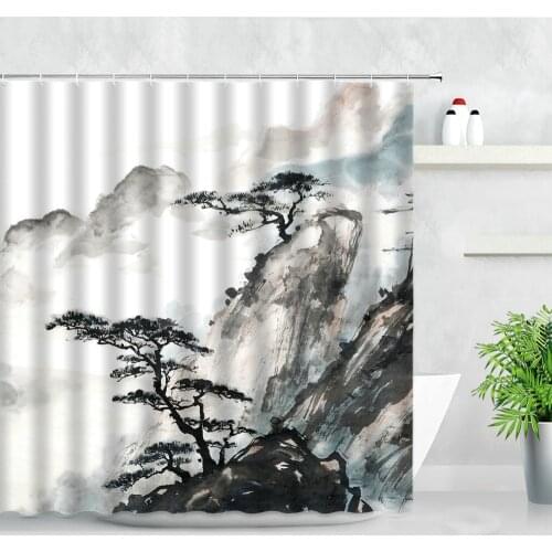 Chinese Style Shower Curtains Fabric Decor 3D Mountain Pine Tree Ink Painting Natural Landscape Waterproof Bathroom Curtain Sets