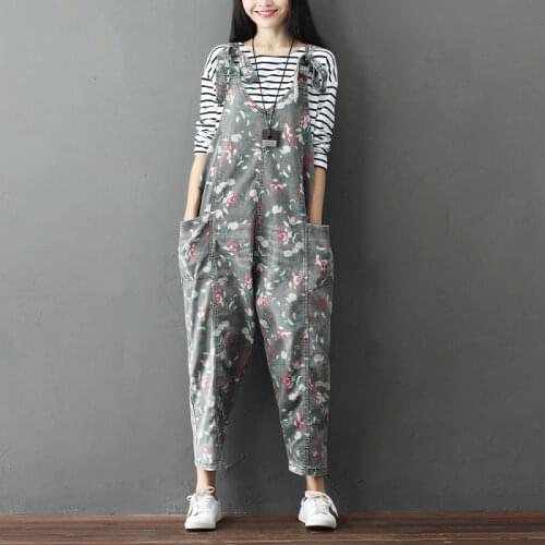 Women Autumn Vintage Denim Printed Jumpsuits Overalls Ladies Loose Casual Denim Print Rompers Female Casual Pants