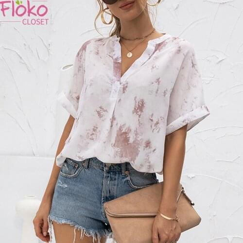 Flokocloset Summer V-Neck Tie Dye Print Short Sleeve Chiffon Blouse Casual Streetwear Tops Harajuku Loose Shirt
