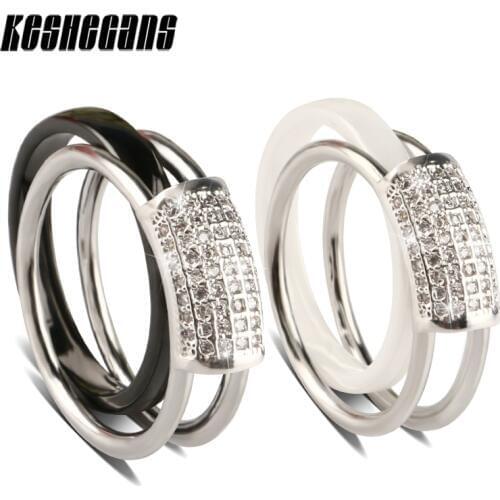 2018 New 2pcs/Set Womens Rings Black White 3MM Ceramic Ring And Silver Stainless Steel Ring With Shining Crystal Fashion Jewelry