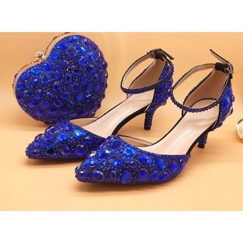 New Ladies Blue Crystal Sandals Pointed Toe Thin Heels Womens Party Dress And Bag Set Bridal Wedding High Heels Rhinestone