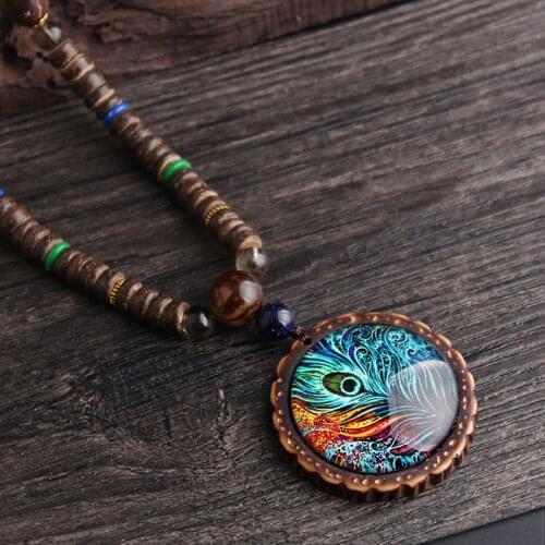 New design fashion peacock feather ethnic necklace,Nepal jewelry handmade sandalwood long sweater vintage jewelry necklace