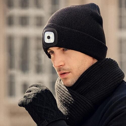 Autumn Winter Men Women LED Beanie Hat With Button Battery Powered Light Outdoor Hiking Camping Fishing Knitting Beanie Hat 1 PC