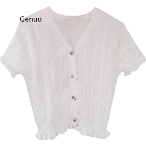 Autumn Korean Sweate Style V-neck Short Knitted Sweaters Women Thin Cardigan Fashion Sleeve Sun Protection Crop Top