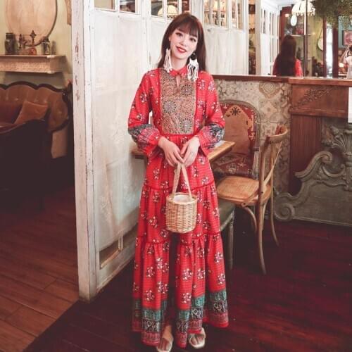 Autumn 2020 Thai Tourism Heavy Industry Embroidery Ethnic Dress Retro Print Slimming Bohemian Resort Dress