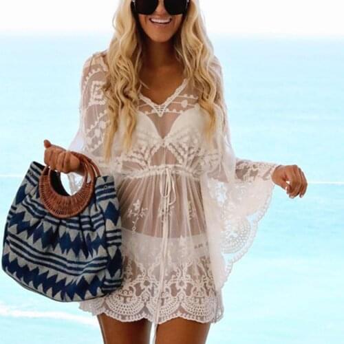 Vacation Beach Dress Blouse Bikini Woman Sunscreen Cardigan Smock Lace Mesh Embroidery Hollowout Hand Hook Flower Ruffled Summer