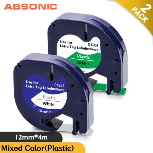 Absonic 2PK 12mm*4m Label Maker for Dymo LT 91201 91204 Black on White Green for LetraTag Plus LT-100T LT-110H 2000 XM Printer