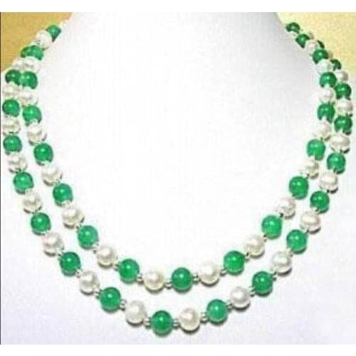 Wholesale Pretty !7-8MM White Pearl Green Natural jade Necklace 18"