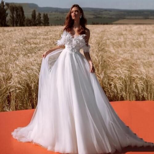 Thinyfull Off The Shoulder Wedding Dress 2021 Feather Sweetheart Neck A Line Tulle Beach Bridal Gown Bridal Gowns