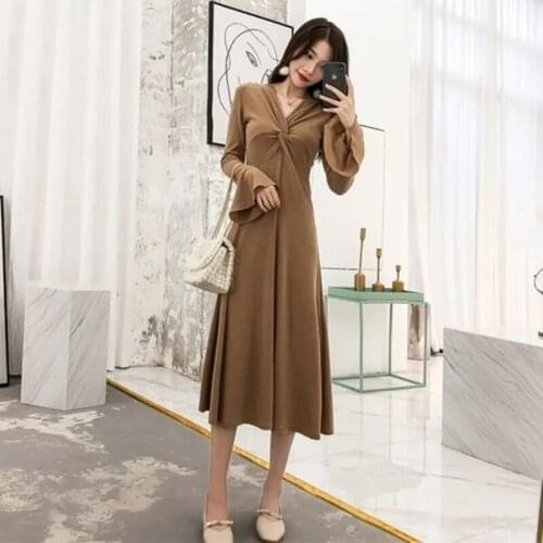 Knitted Dresses 2021 New Women Autumn Slim V-Neck Ruffles Cuff Long Dress Female Elegant Fashion Solid Color Party Knit Dress