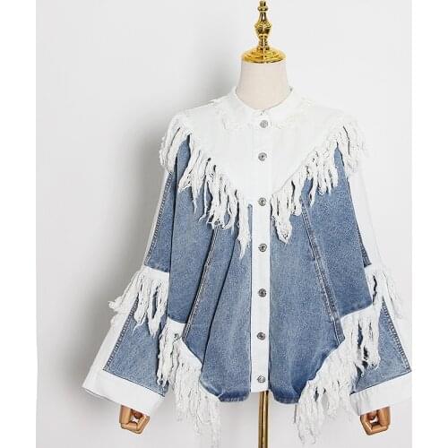Patchwork Tassel Denim Jacket For Women Lapel Long Sleeve Streetwear Coat Female Fashion New Clothing 2020 Autumn