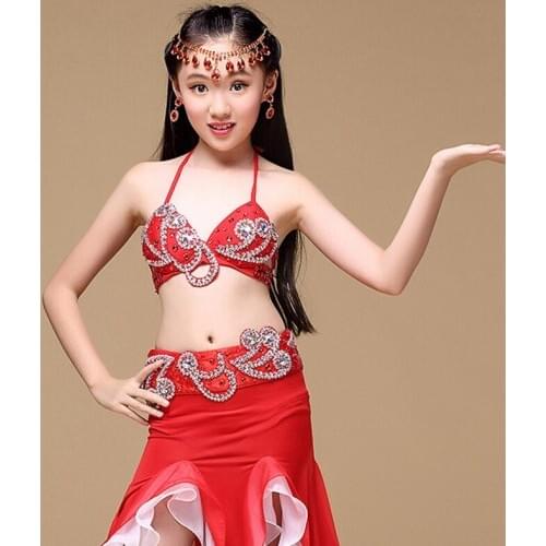2018 Dancewear Stage Performance Oriental Belly Dancing Clothes 3-piece Suit Bra, Belt, Skirt Children Belly Dance Costume Set