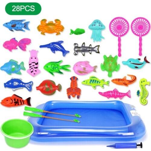 28pcs Children Fishing Toy Pool Set Magnetic Playing Water Baby Fishing Square Outdoor Parent-child Interactive Baby Bath Toy