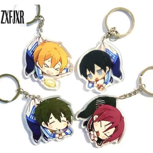 4pcs/set Anime Keychain Free! Iwatobi Swim Club Haruka Nanase Tachibana Makoto Rin Matsuoka Doubleside Print Pendant Keyring