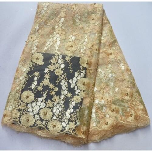 5yards/pc) High quality sequins embroidered African tulle lace cream gold French net lace fabric with beads for dress FLP964