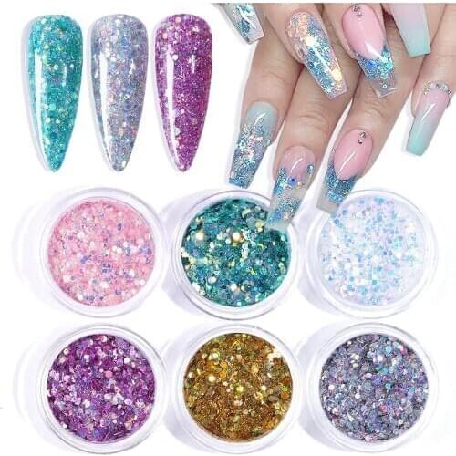 6Pcs/Set Holographic Nail Glitter Flakes Sequins Caviar Beads Sugar Powder Diamond Round Mermaid Paillette Nail Art Decorations