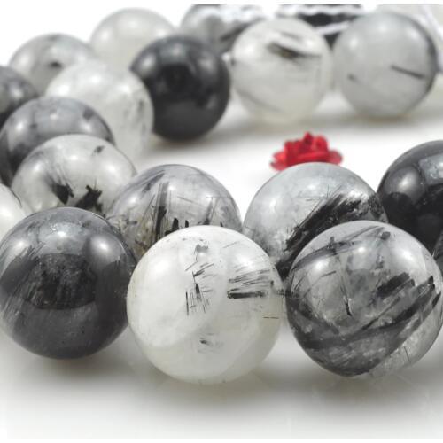 Black Quartz Rutilated 6mm 8mm 10mm 12mm 14mm Natural Gemstone Beads round for silver 925 jewelry Necklace bracelet 15inch