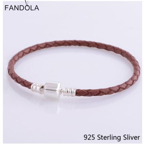 CKK 925 Sterling Silver Clasp Clip Dark Brown Leather Bracelets Jewelry Making Fits For Beads And Charms