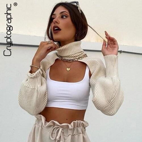 Cryptographic Fall Winter 2020 Knitted Turtleneck Womens Crop Tops Sweaters Lantern Sleeve Pullover Females Shawl Sweaters