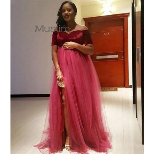 Elegant African Red Evening Dresses With Short Sleeves Velvet Plus Size Maternity Prom Dress With Slit Tulle Night Party Gowns