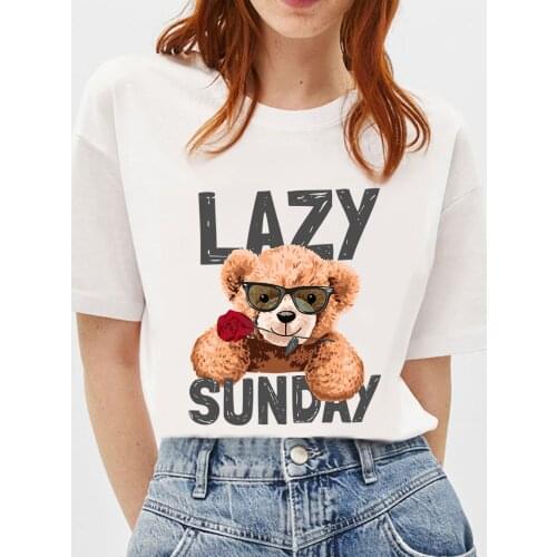 BLINGPAW Graphic T Shirts Teddy Bear Rose Lazy Sunday Letter Print T-shirt Pure Cotton Unisex Tees Summer Tee Shirts 19 Colors