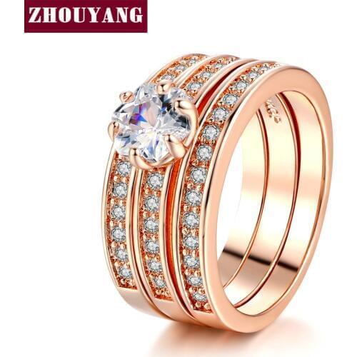 Top Quality Cubic Zirconia 3 Round Rose Gold Color Ring Genuine Crystals From Austria Full Sizes ZYR059 ZYR060