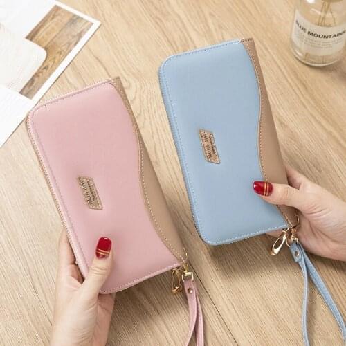 Women Wallet Wristband Decoration Contrast Color Pu Leather Wallet Ladies Long Zipper Coin Purse Clutch Bag Credit Card Holder