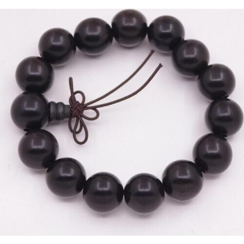14mm Round Natural Black Ebony Wood Prayer Bead Buddha Stretch Bracelet 7"