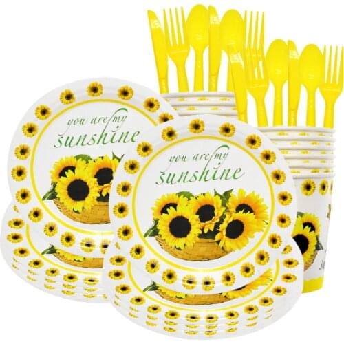 50pcs Sunflower Birthday Party Decorations Supplies Paper Plates Cups Knives Spoons Forks Yellow Sunflowers Disposable Tableware