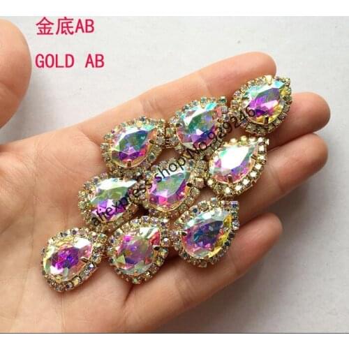 Wholesale 20pcs/lot tear-drop AB crystal applique for garment ornaments gold AB strass for shoes white stone garment accessory