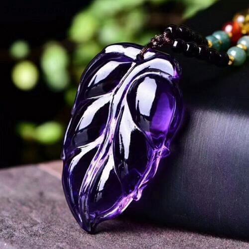 Wholesale Purple Natural Crystal Pendant Hand Carved Leaf With Bead Sweater Chain Necklace Lucky for Women Girl Gift Jewelry