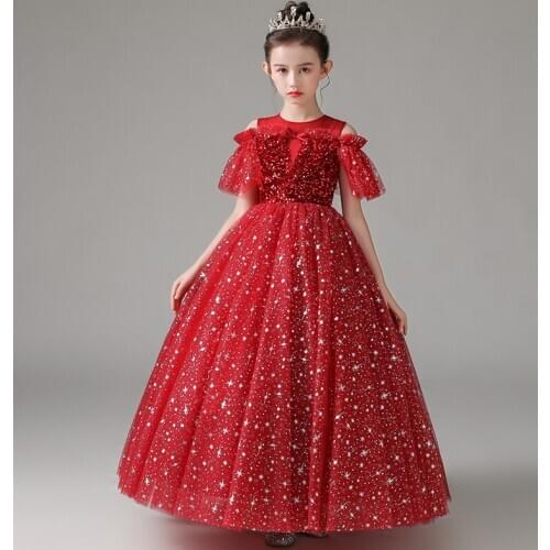 Flower Girl Dress Illusion O-Neck Sequined Princess Floor-Length Tulle Lace Short Burgundy Off The Shoulder Kids Party Gown H230