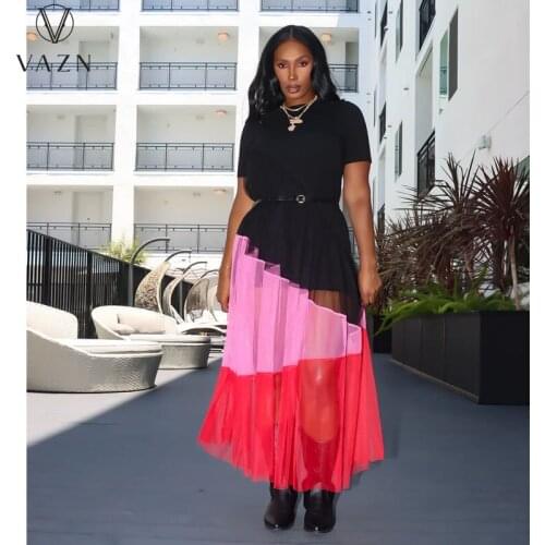 VAZN 2021 Hot Popular Patchwork Young Sexy Network Short Sleeve Holiday Sweet Free Europe And America Women Loose Maxi Dress
