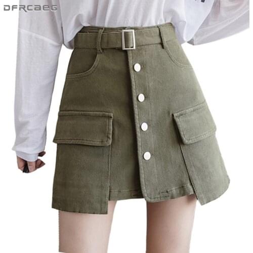 Safari Style Summer Womens A-Line Skirts With Belt 2020 High Waist Casual Pocket Cargo Short Skirt Female Saia Army Green