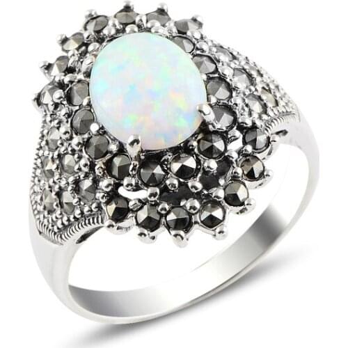 Silver 925 Sterling Opal & Marcasite Ring
