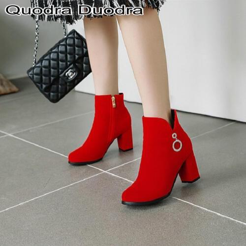 Red fashion boots new Winter Ankle Women Boots Thick High Heels Round Toe shoes Casual Office Female Ladies Shoes cut Big Size