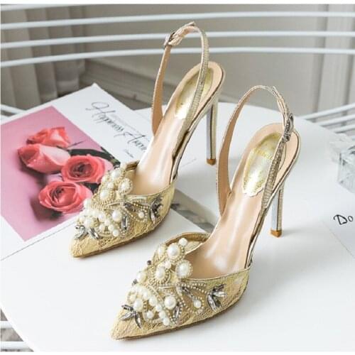 Summer new style pearl lace pointed stiletto high heel bridal wedding shoes rhinestone party dress wild womens single shoes