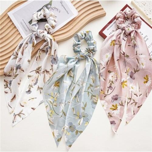 Long Ribbon Hair Scarf For Women Floral Print Scrunchie Ponytail Holder Hair Accessories Fashion Elastic Hair Band Girl Headwear