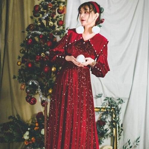 Autumn Winter Female French Christmas Red Velvet Pearl Retro Long Dress Navy Collar Fairy Temperament Thin Evening Party Dress