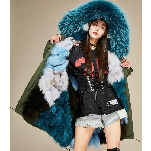 Real Natural Raccoon Fur Collar Coat Natural Fox Fur Lining Winter Jacket Long Hooded Parkas Long Coat Women Wool Liner Coat