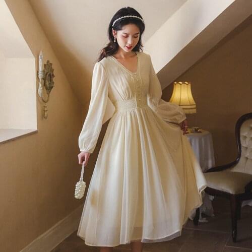 Sweet Vintage Chiffon Dress Women Fairy SkIrt Spring 2021 New Pearl Bow Knot V-Neck Long Sleeve White Elegant Dresses Vestidos