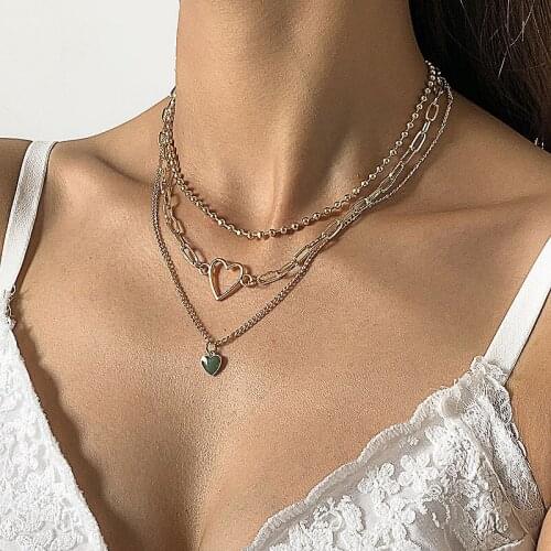 Fashion Beaded Thick Chain Hollow Heart Pendant Necklace Women Vintage Multilayer Geometric Choker Colar Christmas Jewelry Gift
