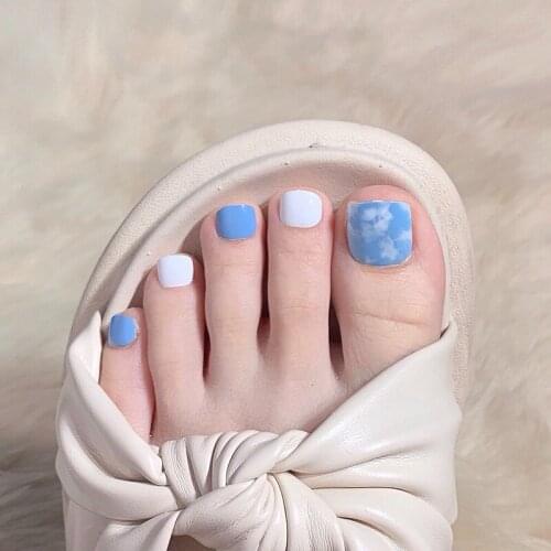 2021 24pcs Blue White Toenail Patch Glue Type Removable Short Paragraph Fashion Manicure False Toenail Patch