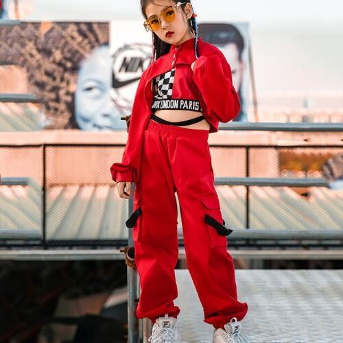 3 Pieces/ Set Girls Jazz Dance Clothes Children Hip Hop Red Suit Modern Street Dance Show Performance Clothing 110-180cm DL5018