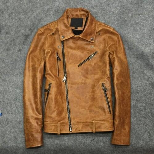 Free shipping.Classic Brand new Oil wax cow clothing,mens 100% genuine leather vintage Jackets,Coke yellow slim jacket