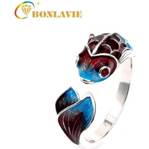 BONLAVIE Blue Carp Retro Ring Simple Koi Fish Classical Opening Adjustable Small Fish Ring