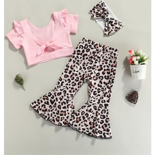 FOCUSNORM 3pcs Summer Girls Lovely Clothes Sets Back Bowknot Shorts Sleeve T Shirts Leopard Flare Pants Headband 1-5Y